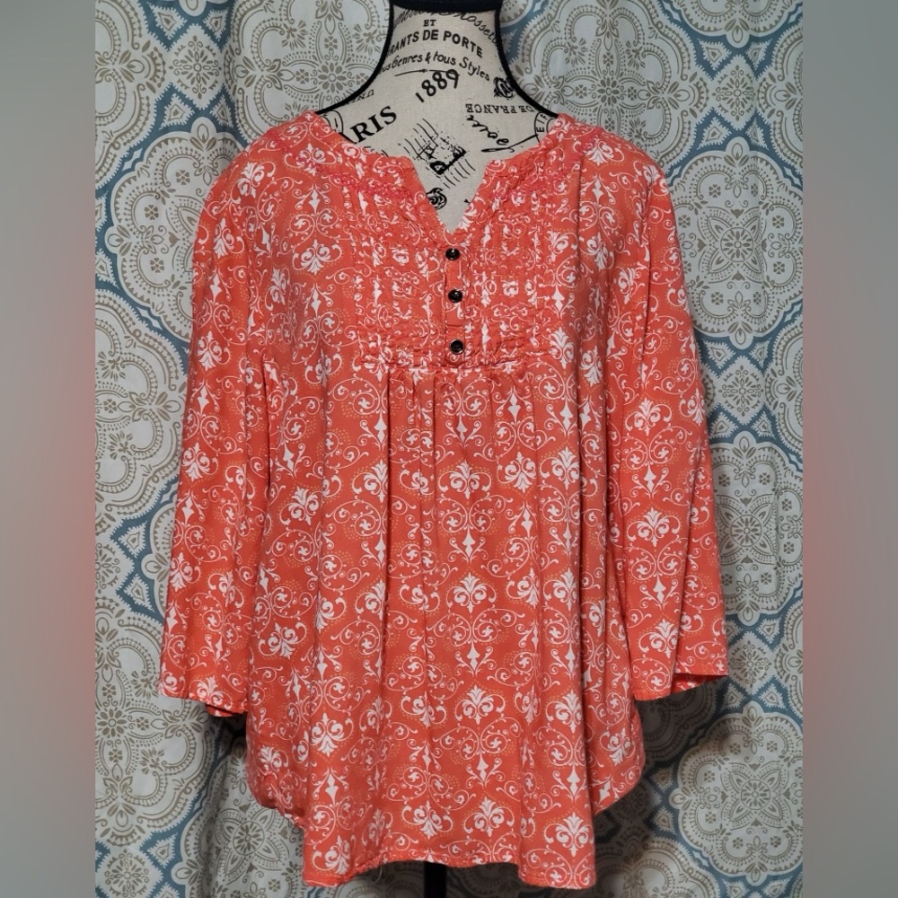 Faded Glory Coral Patterned Blouse mid sleeve XXL (20)
